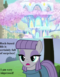 Size: 896x1152 | Tagged: safe, edit, edited screencap, editor:korora, screencap, maud pie, tree of harmony, earth pony, pony, g4, the maud couple, uprooted, cropped, dialogue, female, mare, rock, surprised, that pony sure does love rocks, treehouse of harmony