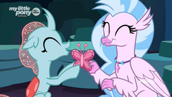 Size: 1920x1080 | Tagged: safe, screencap, ocellus, silverstream, butterfly, changedling, changeling, classical hippogriff, hippogriff, g4, uprooted, cute, diaocelles, diastreamies, discovery family logo, duo, element of kindness, eyes closed, female, happy, hoof hold, sitting, smiling, teamwork, the place where we belong