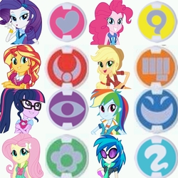 Size: 2160x2160 | Tagged: safe, applejack, dj pon-3, fluttershy, pinkie pie, rainbow dash, rarity, sci-twi, sunset shimmer, twilight sparkle, vinyl scratch, equestria girls, equestria girls specials, g4, my little pony equestria girls: friendship games, high res, humane five, humane seven, humane six, looking at you, smiling, yo-kai watch, yo-kai watch yo-kai medal