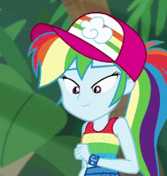 Size: 412x435 | Tagged: safe, edit, edited screencap, screencap, rainbow dash, equestria girls, equestria girls specials, g4, my little pony equestria girls: better together, my little pony equestria girls: spring breakdown, animated, ben 10, cap, clothes, cropped, female, geode of super speed, hat, it's hero time, magical geodes, ponytail, rainbow trail, shirt, text