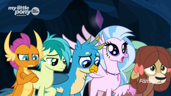 Size: 1414x796 | Tagged: safe, screencap, gallus, sandbar, silverstream, smolder, yona, classical hippogriff, dragon, earth pony, griffon, hippogriff, pony, yak, g4, uprooted, bow, cute, diastreamies, discovery family logo, dragoness, female, hair bow, male, one of these things is not like the others, sad, sadorable, wide eyes