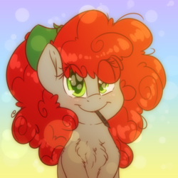 Size: 4000x4000 | Tagged: safe, artist:fluffyxai, oc, oc only, oc:scenic spatter, pegasus, pony, abstract background, adorable face, big smile, blushing, chest fluff, cute, fluffy, fluffy mane, looking at you, pen in mouth, poofy mane, smiling, solo, sparkly eyes, stylus