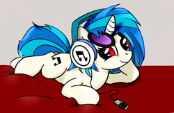 Size: 1149x749 | Tagged: safe, artist:notten1, dj pon-3, vinyl scratch, pony, unicorn, g4, cute, female, glasses off, headphones, mare, mp3 player, music player, prone, solo, vinylbetes, wrong eye color