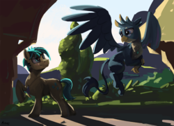 Size: 2100x1526 | Tagged: safe, artist:kam, gallus, sandbar, earth pony, griffon, pony, fanfic:the nowhere king, g4, colored, commission, cover art, fanfic, fanfic art, fanfic cover, gay, male, painting, quadrupedal, ship:gallbar, shipping