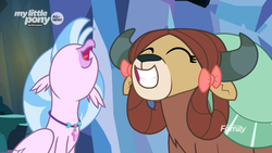 Size: 1920x1080 | Tagged: safe, screencap, silverstream, yona, classical hippogriff, hippogriff, yak, g4, uprooted, bow, cave of harmony, discovery family logo, duo, eyes closed, female, hair bow, singing, smiling, the place where we belong