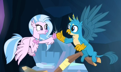 Size: 1213x720 | Tagged: safe, screencap, gallus, silverstream, classical hippogriff, griffon, hippogriff, g4, uprooted, cave of harmony, cropped, cute, diastreamies, eye contact, fist bump, flying, gallabetes, looking at each other, smiling, the place where we belong