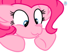 Size: 1461x1090 | Tagged: safe, artist:rainbow eevee, pinkie pie, pony, g4, :3, cute, female, hooves, insert picture here, looking down, simple background, smiling, solo, transparent background