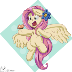 Size: 1200x1200 | Tagged: safe, artist:schizophrenicghost, fluttershy, butterfly, pegasus, pony, g4, abstract background, cheek fluff, colored, cute, ear fluff, female, flower, leg fluff, open mouth, shoulder fluff, shyabetes, solo, spread wings, wings
