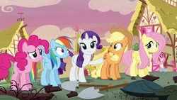 Size: 1280x720 | Tagged: safe, screencap, applejack, fluttershy, pinkie pie, rainbow dash, rarity, pony, castle sweet castle, g4, ponyville, shovel