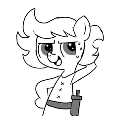 Size: 640x600 | Tagged: safe, artist:ficficponyfic, oc, oc only, oc:ruby rouge, earth pony, pony, colt quest, belt, child, clothes, cyoa, female, filly, foal, grayscale, grin, knife, monochrome, nervous, nervous smile, simple background, smiling, solo, story included, sweat, sweatdrop, sweatdrops, white background
