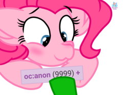 Size: 1461x1090 | Tagged: safe, artist:rainbow eevee, pinkie pie, oc, oc:anon, derpibooru, g4, blushing, eyebrows, eyebrows visible through hair, hooves, meta, simple background, smiling, tags, transparent background