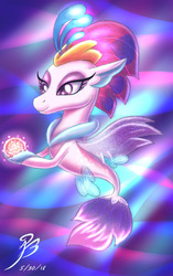 Size: 1207x1920 | Tagged: safe, artist:angelbeedrawings, queen novo, seapony (g4), g4, my little pony: the movie, clothes, collar, colored pupils, crepuscular rays, crown, dorsal fin, eyeshadow, female, fin wings, fins, fish tail, flowing tail, glowing, holding, jewelry, lidded eyes, makeup, purple eyes, queen novo's orb, regalia, seaquestria, see-through, signature, smiling, solo, tail, underwater, water, wings
