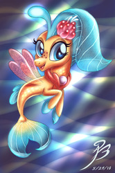 Size: 1272x1920 | Tagged: safe, artist:angelbeedrawings, princess skystar, seapony (g4), g4, my little pony: the movie, basket, bioluminescent, blue eyes, blushing, cute, dorsal fin, female, fin, fin wings, fins, fish tail, floppy ears, flower, flower in hair, flowing mane, flowing tail, freckles, glowing, happy, jewelry, looking at you, necklace, ocean, open mouth, pearl necklace, seaquestria, skyabetes, smiling, solo, swimming, tail, underwater, water, wings