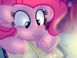 Size: 1461x1090 | Tagged: safe, artist:rainbow eevee, pinkie pie, oc, oc:landen irelan, pony, g4, book, candle, female, hooves, looking down, question mark, reading, smiling, solo