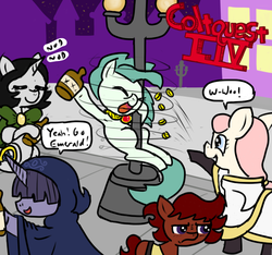 Size: 640x600 | Tagged: safe, artist:ficficponyfic, oc, oc:emerald jewel, oc:hope blossoms, oc:joyride, oc:ruby rouge, oc:sensoria, earth pony, pony, unicorn, colt quest, adult, amulet, approval, armpits, belt, bits, blind, booze, bottle, bowtie, building, child, city, clothes, coin, color, colt, cyoa, drunk, excited, female, foal, grumpy, horn, implied foalcon, jewelry, lampost, logo, male, mantle, mare, night, nodding, pole dancing, ponytail, robe, robes, sidewalk, speech bubble, spinning, story included, street, stripper pole, talking, title card