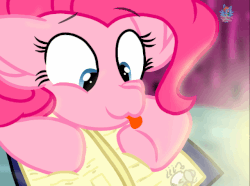 Size: 640x477 | Tagged: safe, artist:rainbow eevee, pinkie pie, oc, oc:landen irelan, pony, g4, animated, book, candle, cute, derp, diapinkes, light, looking down, reading, tongue out