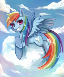 Size: 580x696 | Tagged: safe, artist:有节操, rainbow dash, pegasus, pony, g4, cloud, colored pupils, cute, dashabetes, female, on a cloud, prone, sky, smiling, solo, spread wings, wings