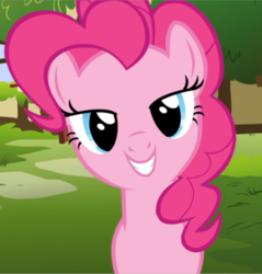 Size: 688x720 | Tagged: safe, screencap, pinkie pie, earth pony, pony, g4, happy birthday to you!, cropped, cute, diapinkes, female, grin, lidded eyes, looking at you, mare, out of context, smiling, solo