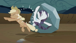 Size: 1280x720 | Tagged: safe, screencap, applejack, rarity, tom, pony, g4, the return of harmony, discorded, duo, great moments in animation, jackabuse