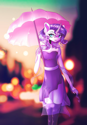 Size: 1504x2160 | Tagged: dead source, safe, artist:y0-ki, rarity, anthro, g4, city, clothes, downtown, dress, ear piercing, earring, female, horn, horn jewelry, jewelry, lipstick, night, piercing, solo, umbrella