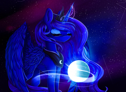 Size: 2855x2086 | Tagged: dead source, safe, artist:y0-ki, princess luna, alicorn, pony, g4, constellation, eyes closed, female, glowing horn, high res, horn, magic, orb, smiling, solo, space, starry night, stars