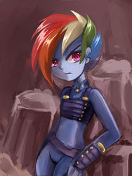 Size: 580x773 | Tagged: safe, artist:有节操, rainbow dash, equestria girls, g4, the cutie re-mark, alternate hairstyle, alternate timeline, apocalypse dash, colored pupils, crystal war timeline, equestria girls-ified, female, looking at you, solo, torn ear