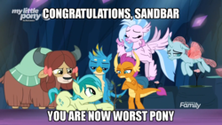 Size: 926x521 | Tagged: safe, edit, edited screencap, screencap, gallus, ocellus, sandbar, silverstream, smolder, yona, changedling, changeling, classical hippogriff, dragon, earth pony, griffon, hippogriff, pony, yak, g4, uprooted, bow, caption, cloven hooves, colored hooves, cute, disapproval, dragoness, female, hair bow, image macro, jewelry, male, monkey swings, necklace, sandabetes, teenager, text, worst pony