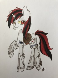 Size: 4032x3024 | Tagged: safe, artist:katyusha, oc, oc only, oc:blackjack, cyborg, cyborg pony, pony, unicorn, fallout equestria, fallout equestria: project horizons, amputee, augmented, cyber legs, cybernetic legs, fanfic, fanfic art, female, hooves, horn, level 1 (project horizons), mare, raised hoof, robot legs, saddle bag, simple background, solo, traditional art, white background