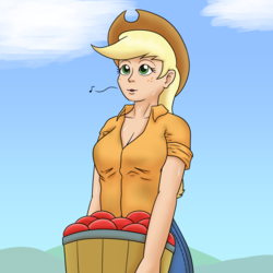 Size: 1200x1200 | Tagged: safe, artist:mkogwheel, applejack, human, g4, apple, apple basket, breasts, cleavage, cute, female, food, humanized, jackabetes, music notes, solo, sweat, whistling