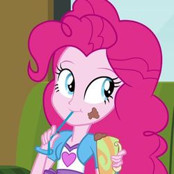 Size: 400x400 | Tagged: safe, screencap, pinkie pie, equestria girls, g4, my little pony equestria girls: rainbow rocks, cropped, cup, cute, diapinkes, female, messy eating, milkshake, pinkie being pinkie, solo, straw