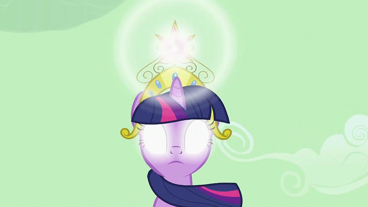 2011398 - safe, screencap, twilight sparkle, pony, the return of harmony,  big crown thingy, element of magic, female, glowing eyes, green sky,  jewelry, mare, regalia, solo - Derpibooru