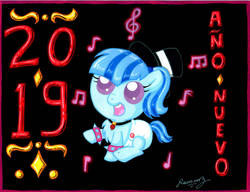 Size: 1021x783 | Tagged: safe, artist:rammzblood, sonata dusk, pony, g4, equestria girls ponified, female, filly, happy new year, happy new year 2019, hat, holiday, music notes, ponified, solo, spanish, top hat, younger