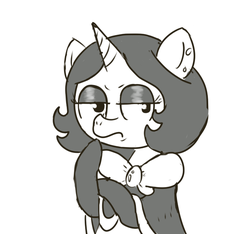 Size: 640x600 | Tagged: safe, artist:ficficponyfic, oc, oc only, oc:joyride, pony, unicorn, colt quest, adult, bowtie, clothes, cutie mark, cyoa, ear piercing, eyeshadow, female, frown, horn, mage, makeup, mantle, mare, monochrome, piercing, solo, thinking