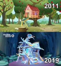 Size: 531x571 | Tagged: safe, edit, edited screencap, screencap, pony, bloom & gloom, g4, the show stoppers, uprooted, apple tree, cave of harmony, clubhouse, comparison, crusaders clubhouse, tree, treehouse, treehouse of harmony
