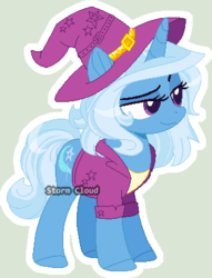 Size: 318x417 | Tagged: safe, artist:stormcloud-yt, trixie, pony, unicorn, g4, alternate hairstyle, blue background, clothes, female, hat, jacket, mare, raised eyebrow, redesign, shirt, simple background, smiling, smirk, solo, t-shirt, witch hat