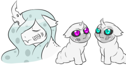 Size: 2916x1512 | Tagged: safe, artist:jolliapplegirl, oc, oc only, changeling, original species, pony, albino, albino changeling, bite mark, black sclera, changeling oc, deformed horn, exposed teeth, foal, grub, horn, sharp teeth, teeth