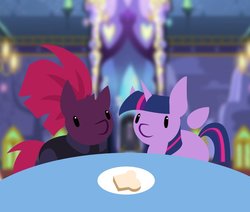 Size: 872x741 | Tagged: safe, artist:lil miss jay, tempest shadow, twilight sparkle, alicorn, pony, unicorn, g4, bread, broken horn, chibi, floating wings, food, horn, plate, table, toast, twilight sparkle (alicorn), twilight's castle, wings