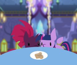 Size: 872x741 | Tagged: safe, artist:lil miss jay, tempest shadow, twilight sparkle, alicorn, pony, unicorn, g4, bread, broken horn, chibi, female, floating wings, food, horn, plate, smoke, table, toast, twilight sparkle (alicorn), twilight's castle, wings