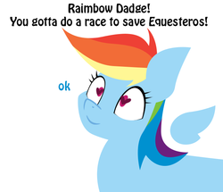 Size: 677x581 | Tagged: safe, artist:lil miss jay, rainbow dash, pegasus, pony, g4, cute, dialogue, engrish, exclamation point, female, floating wings, heart, heart eyes, simple background, smiling, solo, text, white background, wingding eyes, wings
