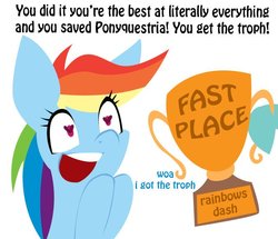 Size: 677x581 | Tagged: safe, artist:lil miss jay, rainbow dash, pegasus, pony, g4, cute, dialogue, engrish, exclamation point, female, heart, heart eyes, open mouth, simple background, smiling, solo focus, teeth, text, trophy, white background, wingding eyes