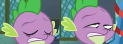 Size: 509x184 | Tagged: safe, edit, edited screencap, screencap, spike, dragon, a hearth's warming tail, g4, season 6, baby, baby dragon, cropped, faic, flipped, frown, gritted teeth, male, out of context, purple scales, purple skin, solo, suggestive description, teeth