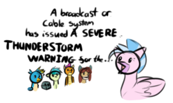 Size: 1634x972 | Tagged: safe, artist:cutelewds, gallus, ocellus, sandbar, silverstream, smolder, yona, changedling, changeling, classical hippogriff, dragon, earth pony, griffon, hippogriff, pony, yak, g4, uprooted, :v, :|, colt, dialogue, dragoness, emergency alert system, female, male, question mark, rock, rockellus, simple background, student six, text, transparent background, wat
