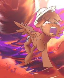 Size: 3200x3900 | Tagged: safe, artist:devi_shade, oc, oc only, oc:archipelago, pegasus, pony, adventure, boulder, crying, hat, high res, indiana jones, running, running away, screaming, spread wings