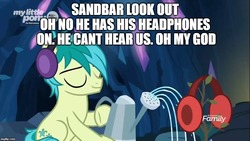Size: 889x500 | Tagged: safe, edit, edited screencap, screencap, sandbar, pony, g4, uprooted, discovery family logo, earmuffs, eyes closed, headphones, male, meme, plant, sapling, solo, squidward the truck's coming, watering can