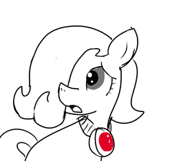 Size: 640x600 | Tagged: safe, artist:ficficponyfic, oc, oc only, oc:emerald jewel, earth pony, pony, colt quest, amulet, child, colt, cyoa, femboy, foal, gem, hair over one eye, jewelry, male, monochrome, solo, story included, worried