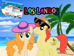 Size: 1600x1200 | Tagged: safe, artist:j-brony, artist:jhayarr23, bright mac, pear butter, earth pony, pony, g4, beach, female, hat, male, ocean, palm tree, photo, picture, ship:brightbutter, shipping, straight, sunglasses, tree, vacation