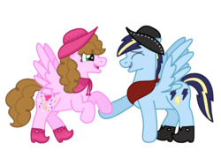 Size: 2048x1536 | Tagged: safe, artist:kindheart525, oc, oc only, oc:confetti surprise, oc:lightning bolt, pegasus, pony, kindverse, bandana, boots, cowboy boots, cowboy hat, dancing, female, hat, male, offspring, offspring shipping, parent:cheese sandwich, parent:pinkie pie, parent:rainbow dash, parent:soarin', parents:cheesepie, parents:soarindash, shipping, straight