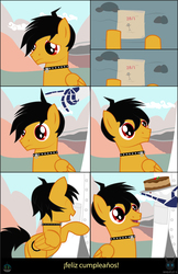 Size: 3308x5111 | Tagged: safe, artist:wheatley r.h., oc, oc only, oc:rito, oc:wheatley ii, pegasus, pony, birthday gift, cake, choker, clothes, cloud, collar, comic, cutie mark, eyes closed, folded wings, food, gift art, gloves, hair, hair over eyes, hair over one eye, hand, happy, hooves, hug, lab coat, looking down, looking up, male, messy tail, mountain, paper, pegasus oc, pegasus wings, raised hoof, red eyes, rock, sad, smiling, spanish, spanish text, spiked choker, spiked collar, stallion, tail, touch, vector, watermark, wings