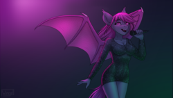 Size: 2510x1412 | Tagged: dead source, safe, artist:wingell, oc, oc only, oc:fruitful melody, bat pony, anthro, bat pony oc, bat wings, breasts, flowing hair, hips, looking at you, microphone, singing, solo, tight clothing, wings, ych result