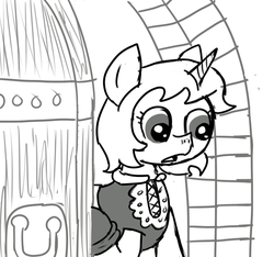 Size: 640x600 | Tagged: safe, artist:ficficponyfic, oc, oc only, oc:sweetie candy, pony, unicorn, colt quest, astonished, clothes, cyoa, door, door handle, female, horn, mare, monochrome, solo, story included